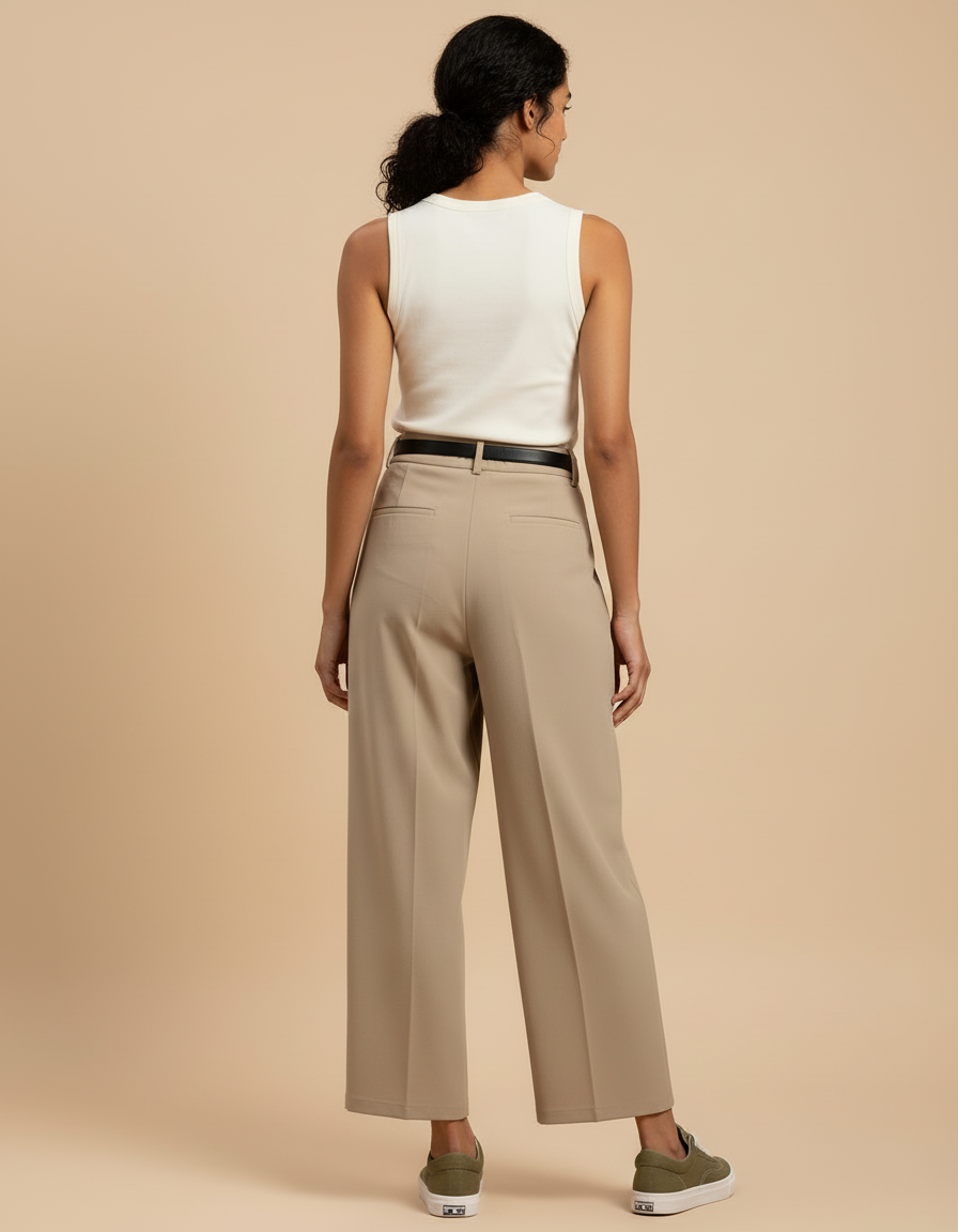 Pantalon Beige Plissé Droit Fluide Décontracté Élégant - Polyester - vue 2