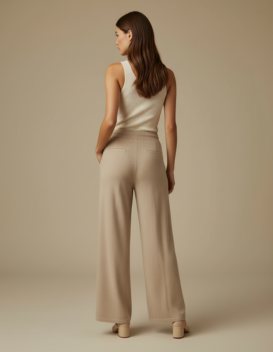 Pantalon Beige Ample Tricoté Taille Haute Décontracté - Maille - vue 2