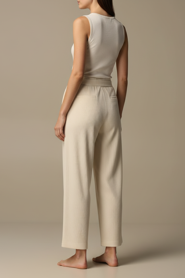 Pantalon Beige Côtelé Droit Cordon Ample Femme - Cordé - vue 2