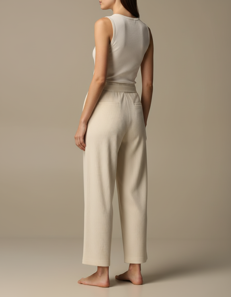 Pantalon Beige Côtelé Droit Cordon Ample Femme - Cordé - vue 2