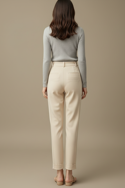 Pantalon Beige Taille Haute Plissé Décontracté Élégant - Gabardine - vue 2