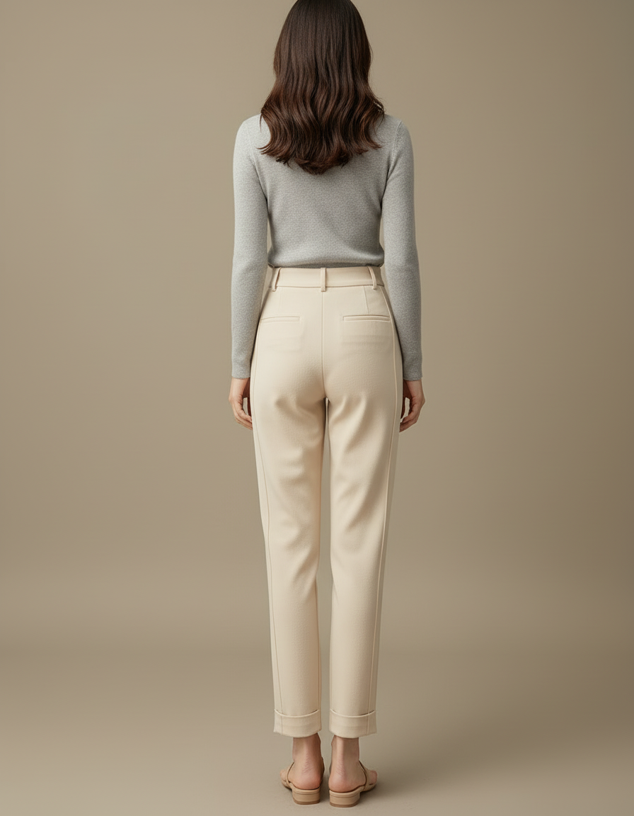 Pantalon Beige Taille Haute Plissé Décontracté Élégant - Gabardine - vue 2