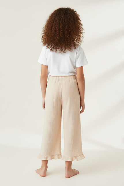 Pantalon Beige Coton Ample Fille Volants Décontracté - vue 2