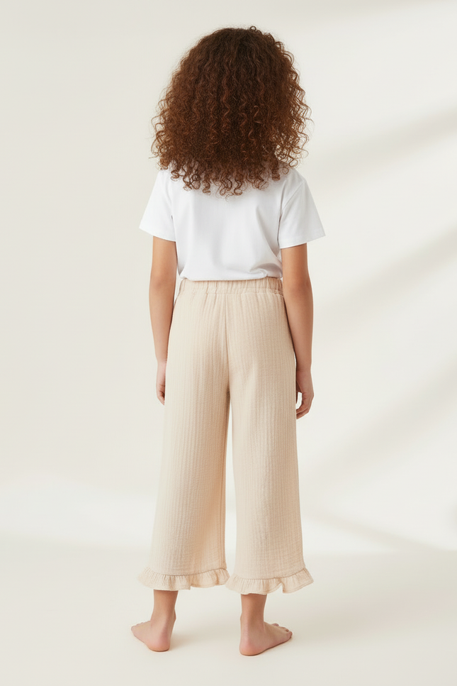 Pantalon Beige Coton Ample Fille Volants Décontracté - vue 2