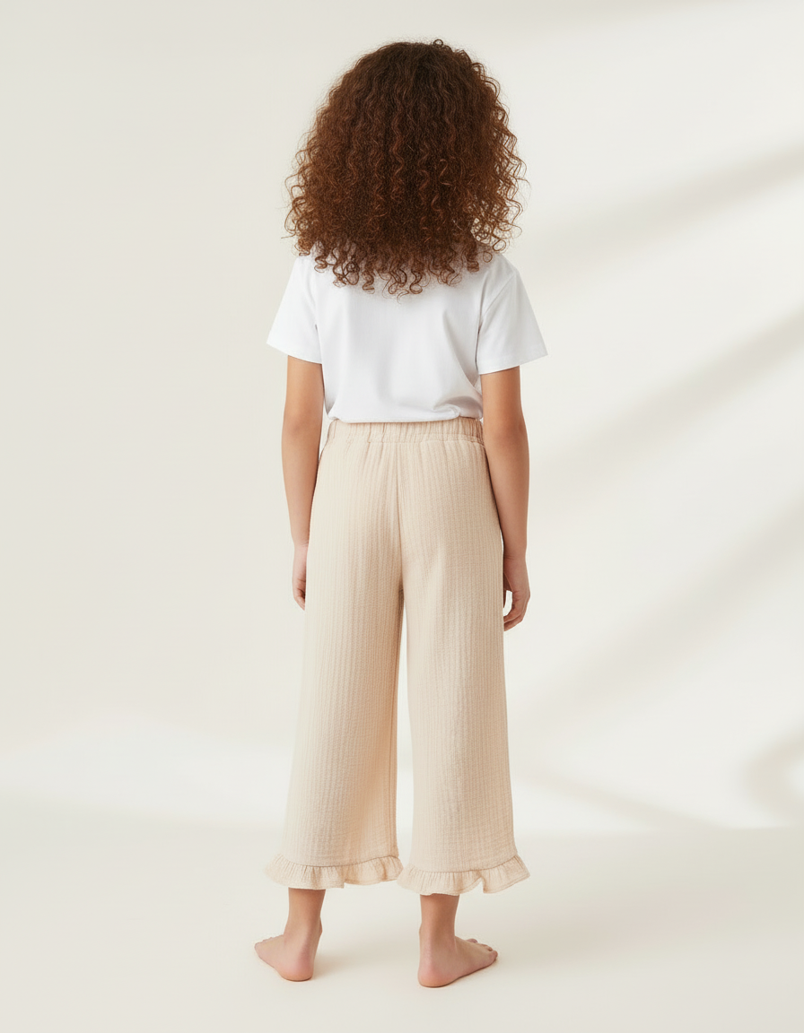Pantalon Beige Coton Ample Fille Volants Décontracté - vue 2