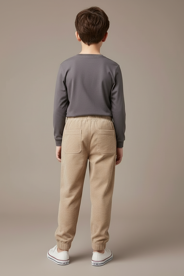 Pantalon Beige Côtelé Élastiqué Garçon Décontracté Hiver - Cordé - vue 2