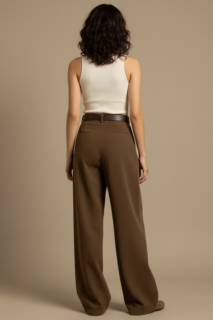 Pantalon Beige Large Plissé Droit Décontracté Femme - Marron Laine - vue 2