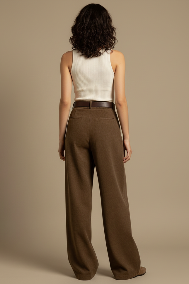 Pantalon Beige Large Plissé Droit Décontracté Femme - Marron Laine - vue 2
