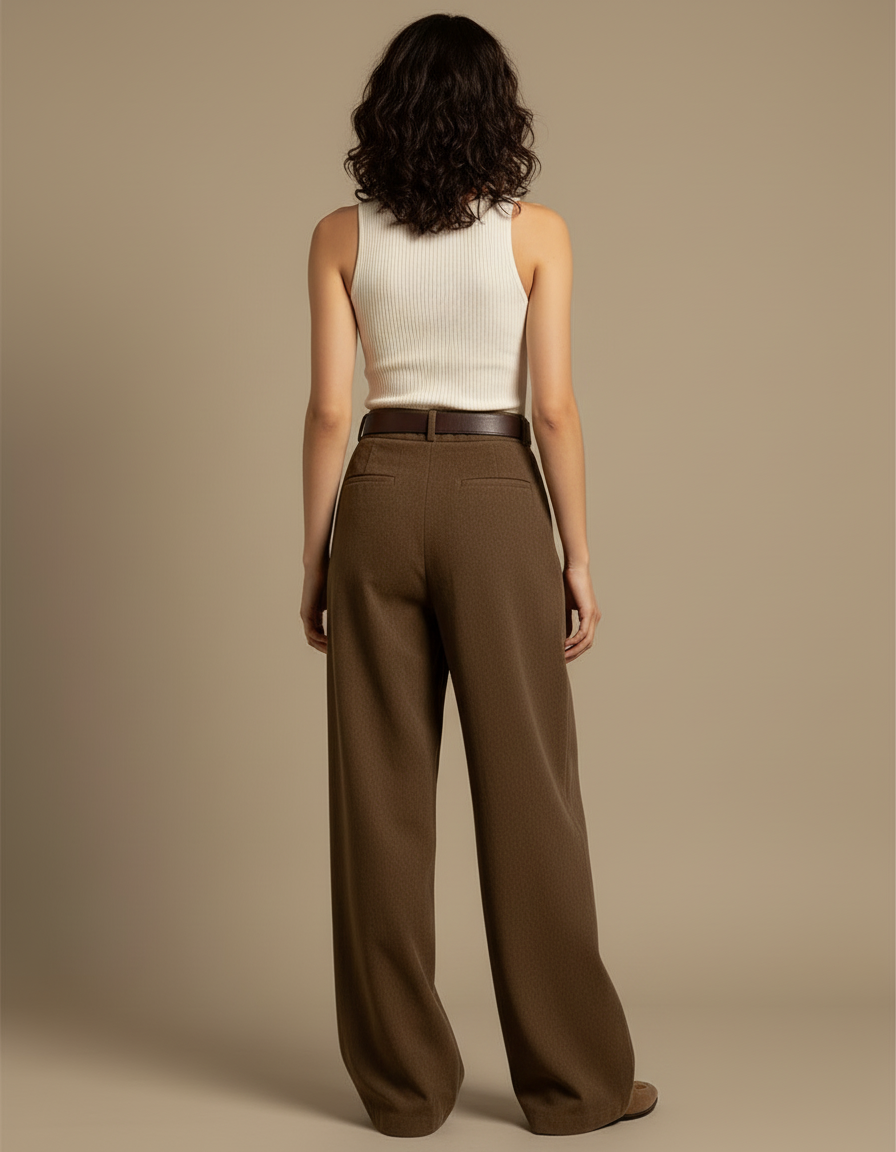 Pantalon Beige Large Plissé Droit Décontracté Femme - Marron Laine - vue 2