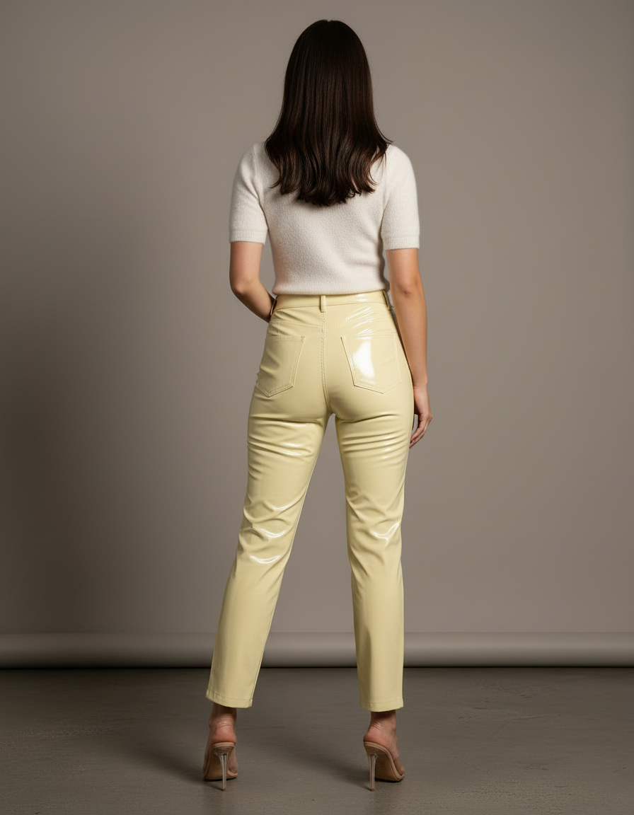 Pantalon Beige Brillant Taille Haute Similicuir Skinny - Jaune Simili cuir - vue 2
