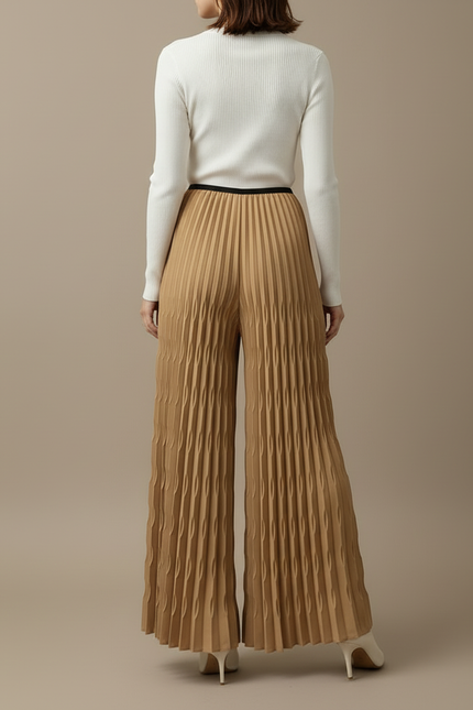 Pantalon Beige Plissé Élastique Large Fluide Femme - Camel Polyester - vue 2
