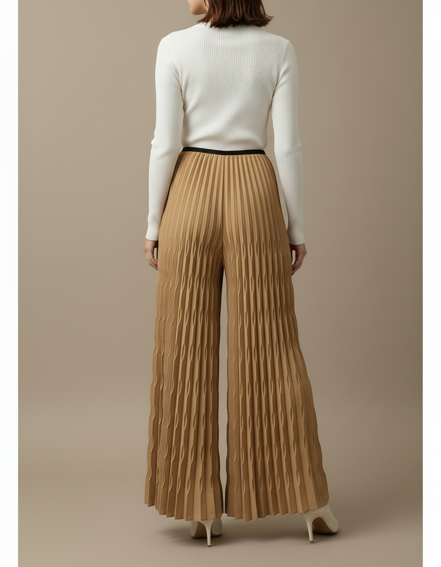Pantalon Beige Plissé Élastique Large Fluide Femme - Camel Polyester - vue 2