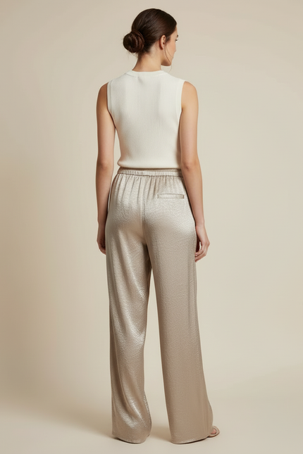 Pantalon Beige Satiné Large Fluide Élégant Femme - vue 2