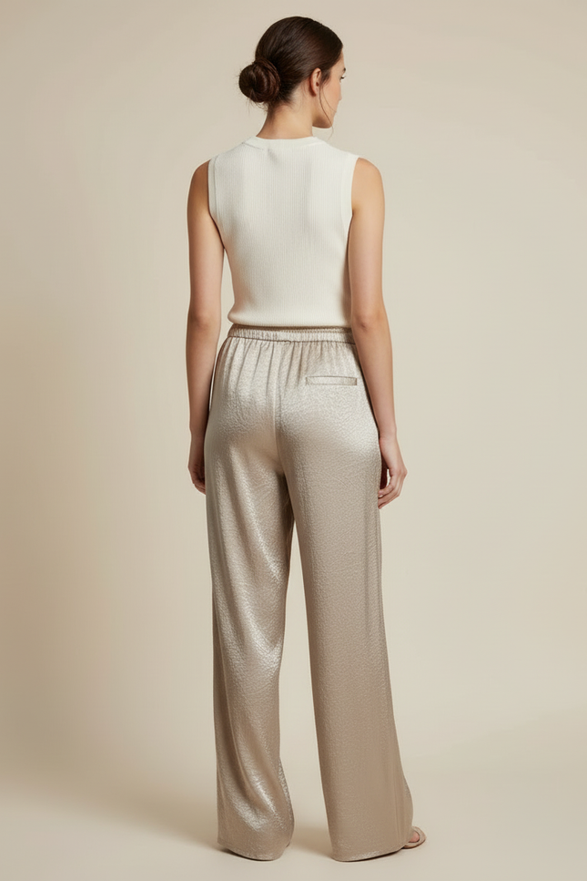 Pantalon Beige Satiné Large Fluide Élégant Femme - vue 2