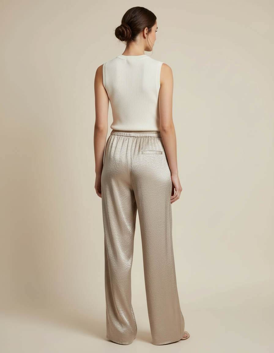 Pantalon Beige Satiné Large Fluide Élégant Femme - vue 2