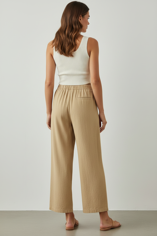 Pantalon Beige Coton Lin Ample Élastique Confort - vue 2