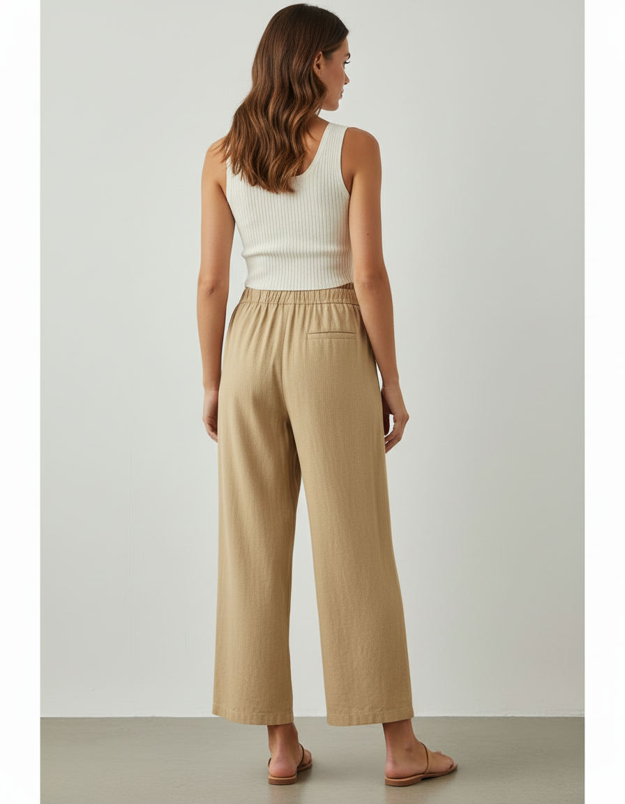 Pantalon Beige Coton Lin Ample Élastique Confort - vue 2