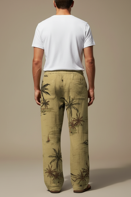 Pantalon Beige Ample Lin Cordon Imprimé Palmier Homme - vue 2
