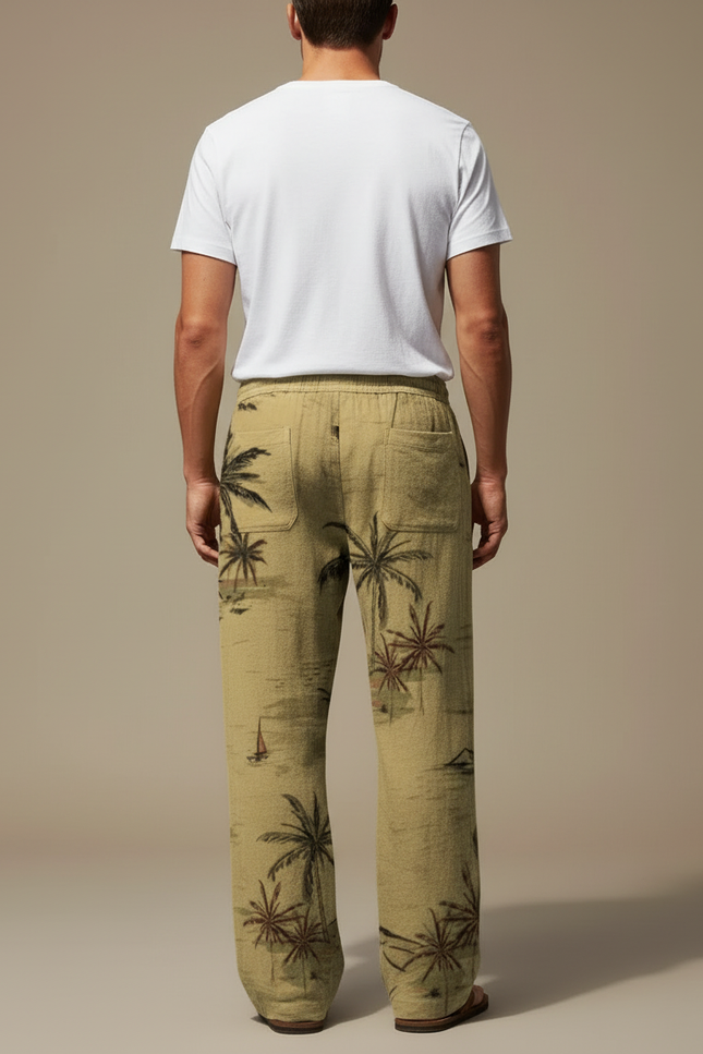 Pantalon Beige Ample Lin Cordon Imprimé Palmier Homme - vue 2