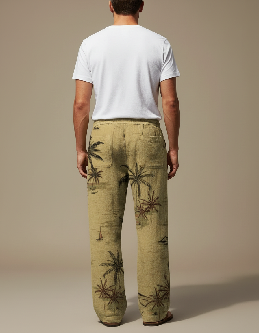 Pantalon Beige Ample Lin Cordon Imprimé Palmier Homme - vue 2