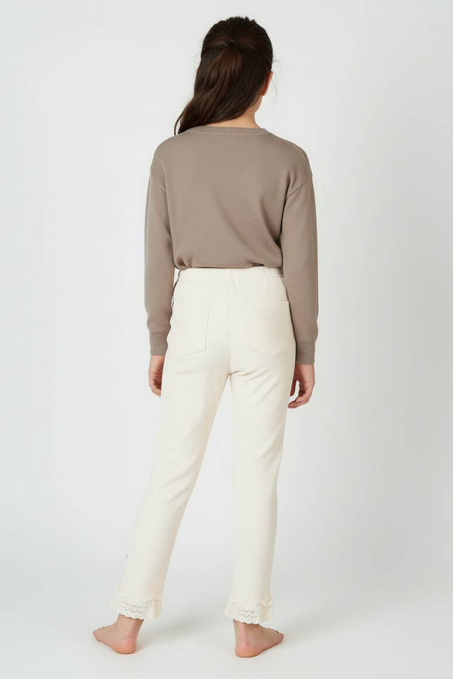 Pantalon Beige Côtelé Dentelle Boutons Fille Confortable - Cordé - vue 2