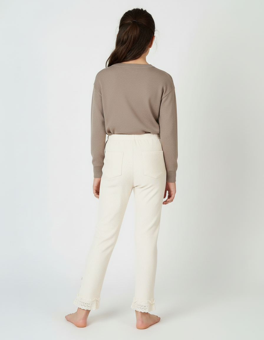 Pantalon Beige Côtelé Dentelle Boutons Fille Confortable - Cordé - vue 2