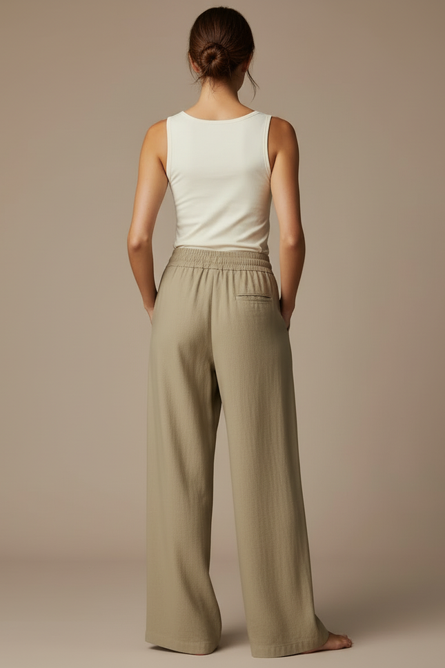 Pantalon Beige Fluide Lin Ample Décontracté Femme - Kaki - vue 2