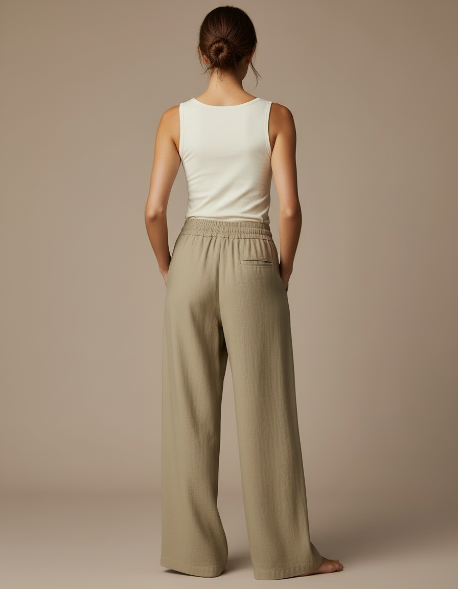 Pantalon Beige Fluide Lin Ample Décontracté Femme - Kaki - vue 2