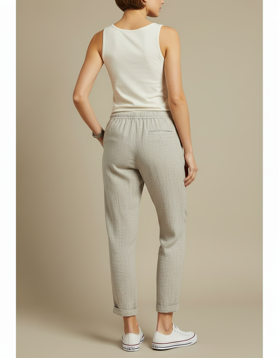 Pantalon Beige Lin Décontracté Femme Harem Taille Haute - vue 2