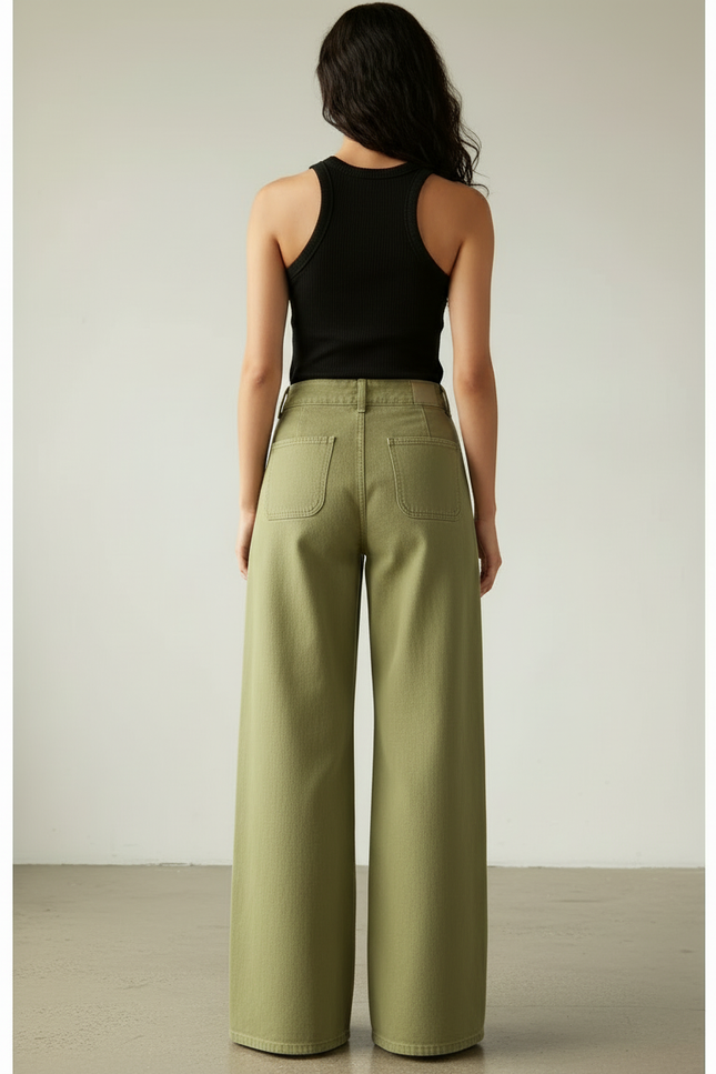 Pantalon Beige Ample Taille Haute Cargo Femme - Kaki Toile - vue 2