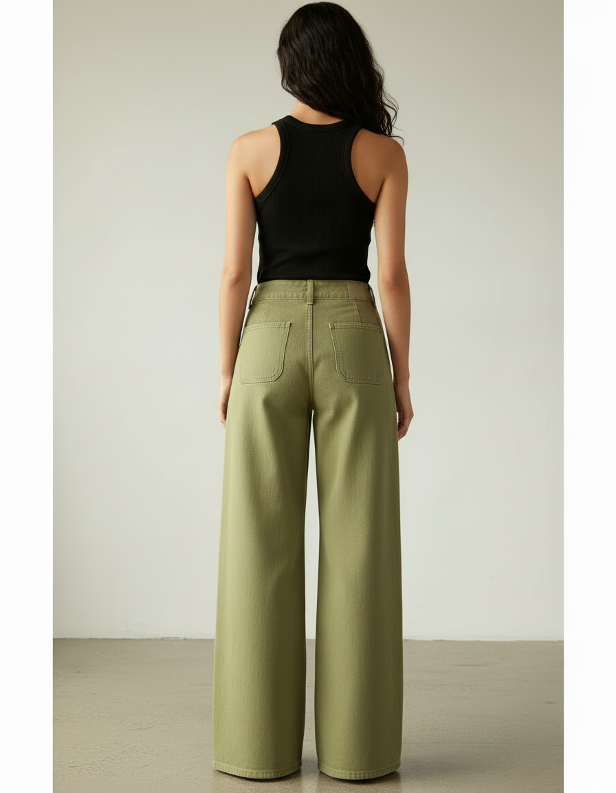 Pantalon Beige Ample Taille Haute Cargo Femme - Kaki Toile - vue 2