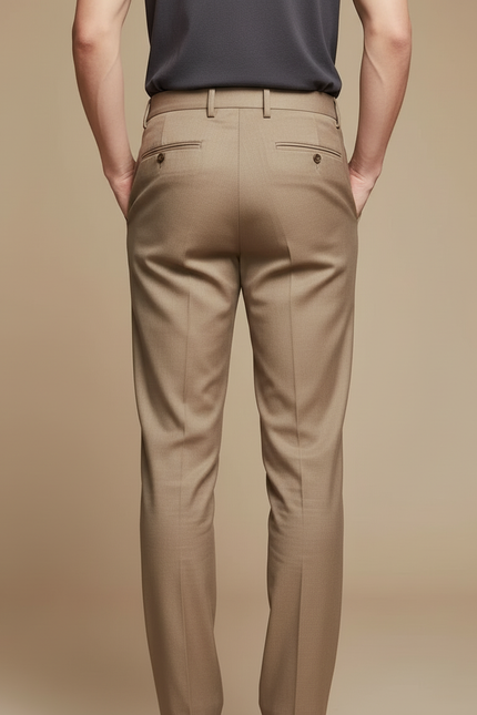 Pantalon Beige Homme Élégant Slim Décontracté Taille Haute - Marron Gabardine - vue 2
