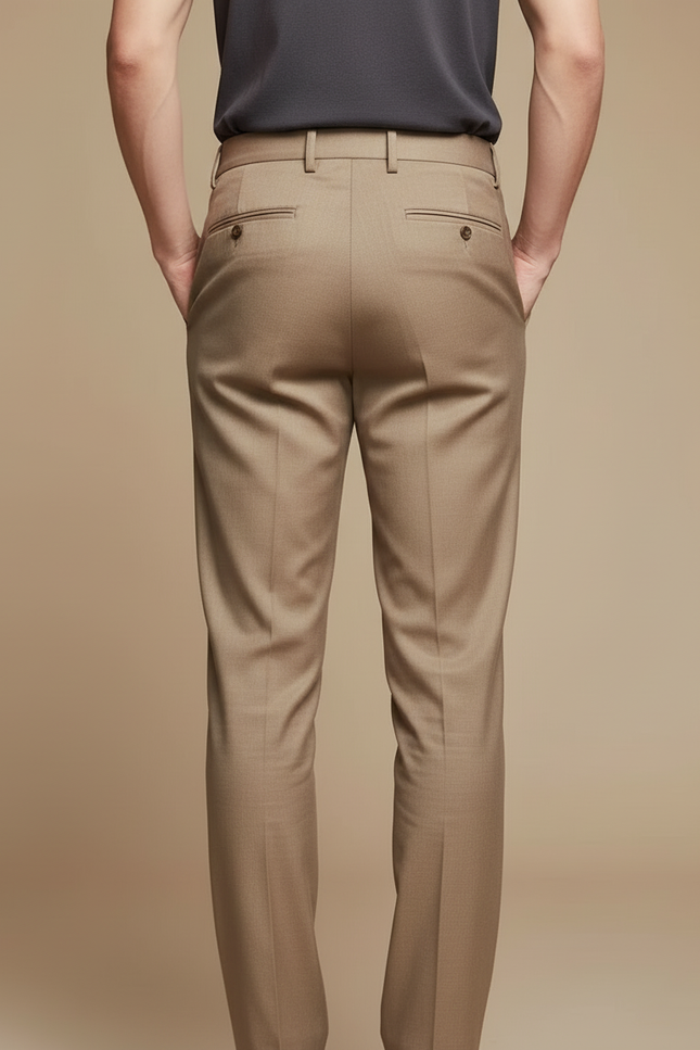 Pantalon Beige Homme Élégant Slim Décontracté Taille Haute - Marron Gabardine - vue 2