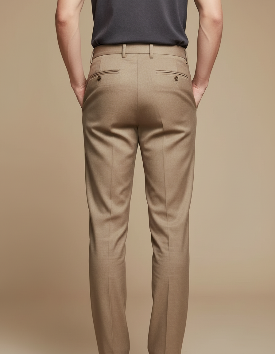 Pantalon Beige Homme Élégant Slim Décontracté Taille Haute - Marron Gabardine - vue 2