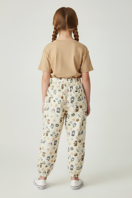 Pantalon Beige Fluide Ample Motif Ours Fleuri Léger - Lin - vue 2