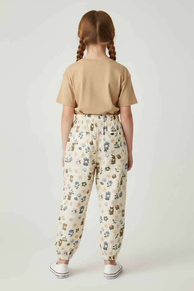 Pantalon Beige Fluide Ample Motif Ours Fleuri Léger - Lin - vue 2