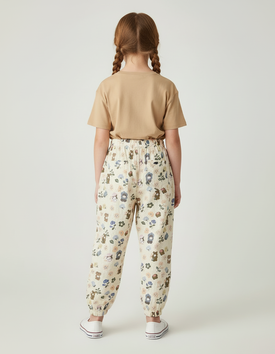 Pantalon Beige Fluide Ample Motif Ours Fleuri Léger - Lin - vue 2