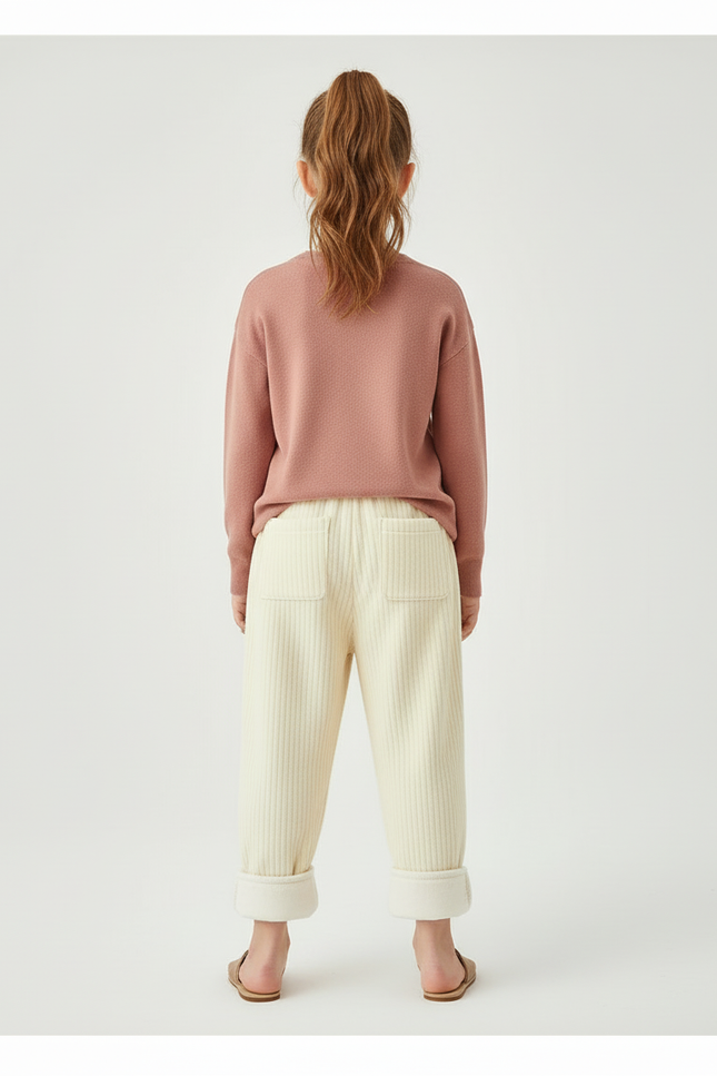 Pantalon Beige Côtelé Ample Molletonné Élastique Enfant - vue 2