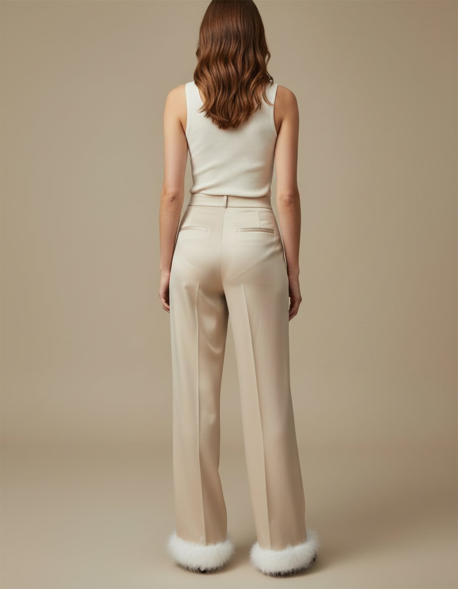 Pantalon Beige Ample Fluide Fourrure Élégant Femme - Blanc Satin - vue 2