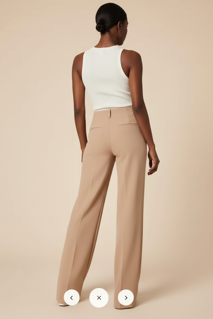 Pantalon Beige Taille Haute Boutons Dorés Élégant Large - Polyester - vue 2