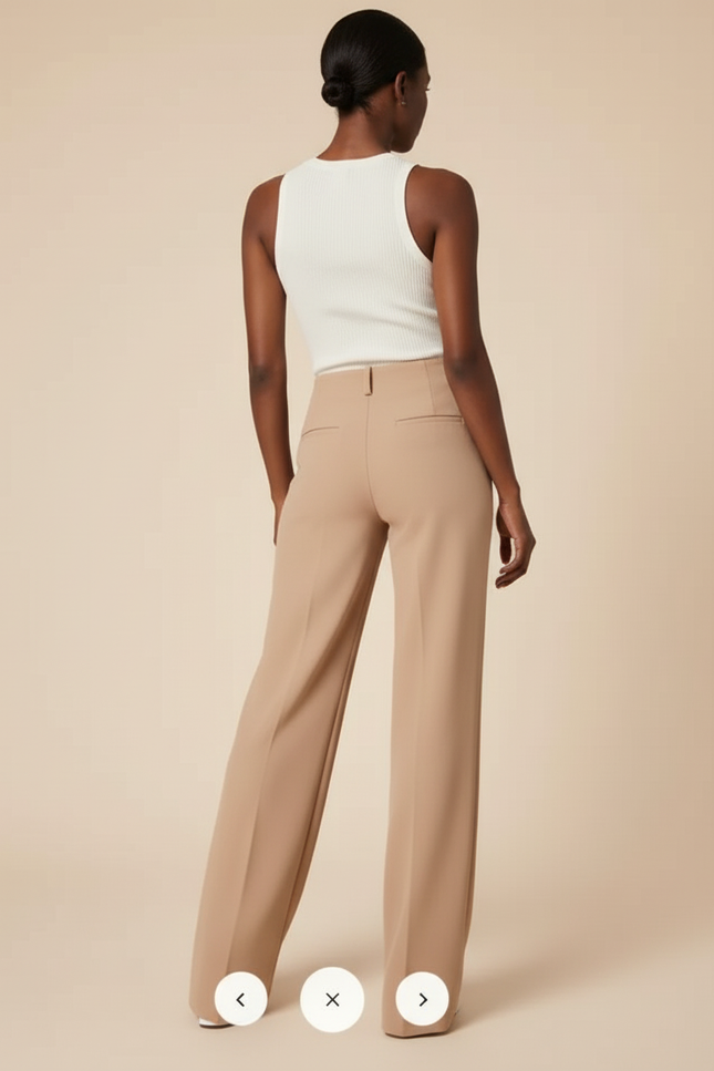 Pantalon Beige Taille Haute Boutons Dorés Élégant Large - Polyester - vue 2