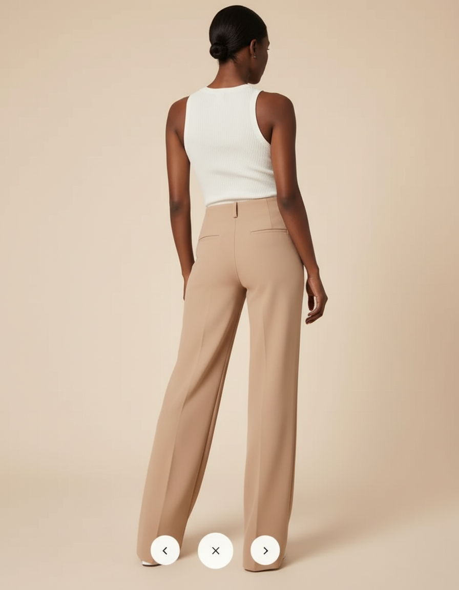 Pantalon Beige Taille Haute Boutons Dorés Élégant Large - Polyester - vue 2