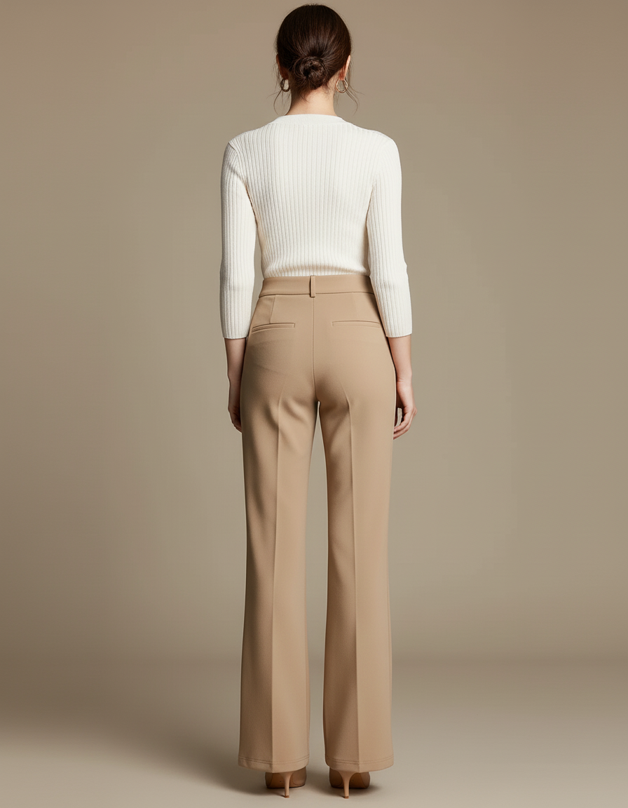 Pantalon Beige Fluide Taille Haute Jambe Évasée Élégant - Polyester - vue 2
