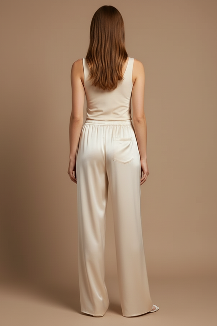 Pantalon Beige Satiné Fluide Élégant Femme - vue 2