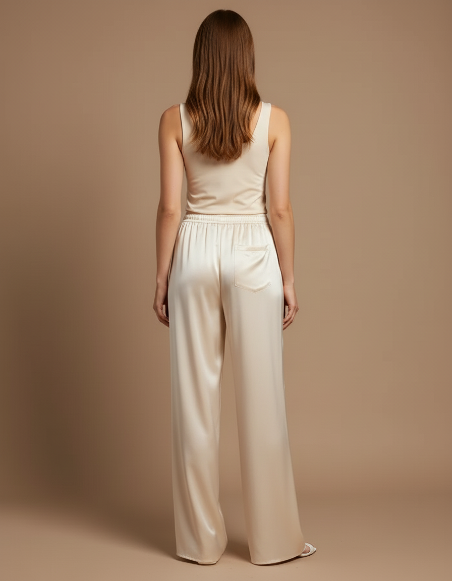 Pantalon Beige Satiné Fluide Élégant Femme - vue 2