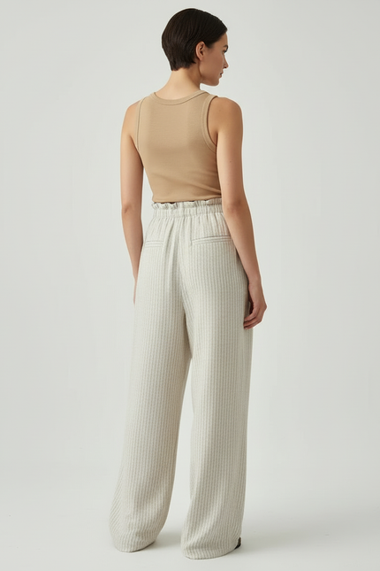 Pantalon Beige Ample Lin Rayé Taille Haute - vue 2
