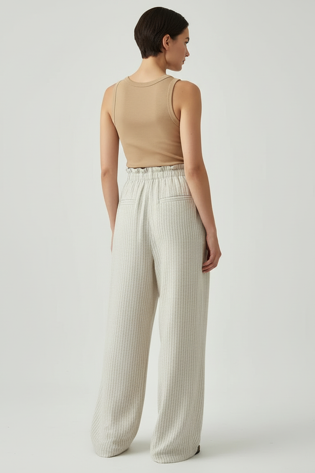 Pantalon Beige Ample Lin Rayé Taille Haute - vue 2