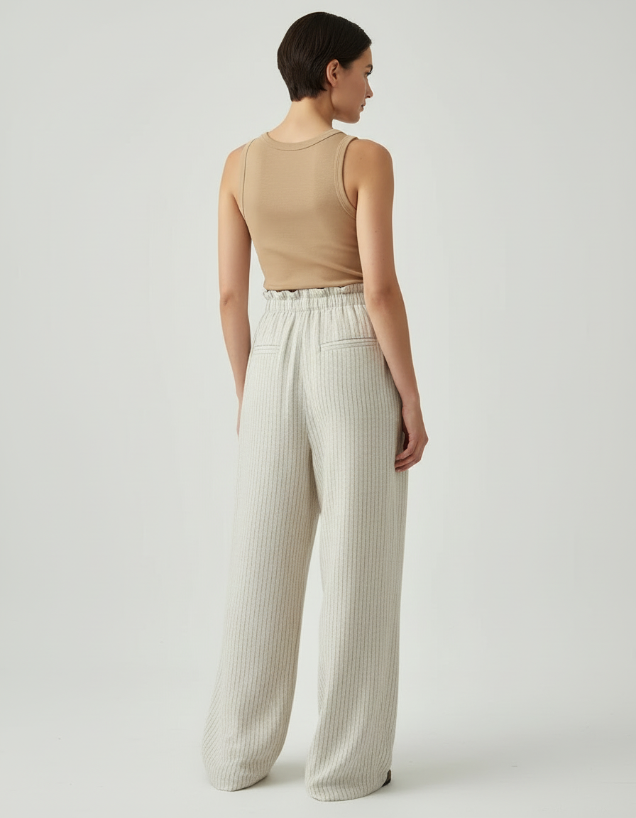Pantalon Beige Ample Lin Rayé Taille Haute - vue 2