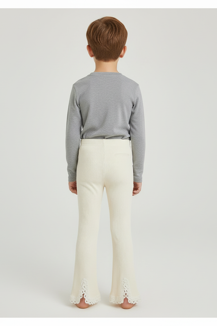 Pantalon Beige Côtelé Tricoté Évasé Dentelle Enfant - Maille - vue 2