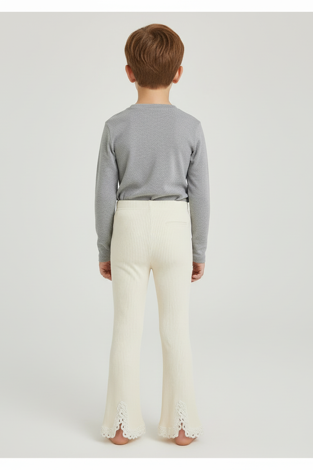Pantalon Beige Côtelé Tricoté Évasé Dentelle Enfant - Maille - vue 2